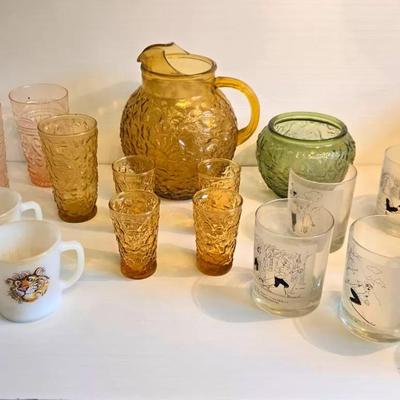 Retro Glass Pitcher & Glasses, Fire King Tiger Mugs, Cartoon Barware