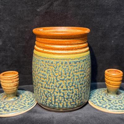 Signed royce yoder art pottery vase candlesticks