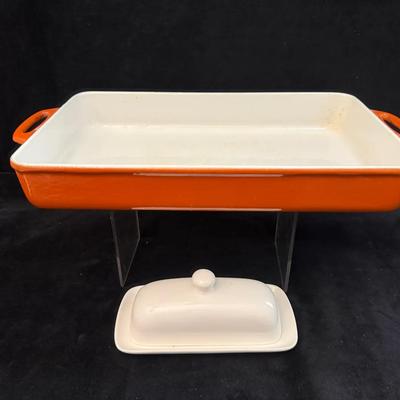 Vintage copco burnt orange enamel cast iron lasagna pan & butter dish