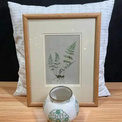 Framed botanical print small metal vase & decorative pillow