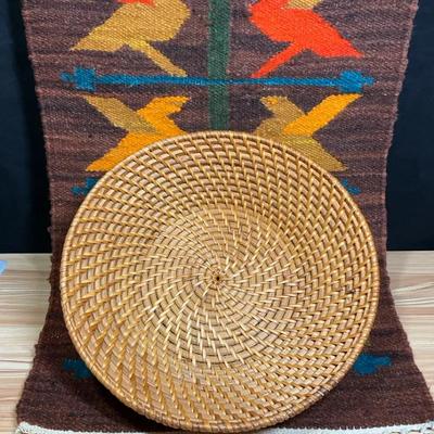 Zapotec wool rug woven rattan basket