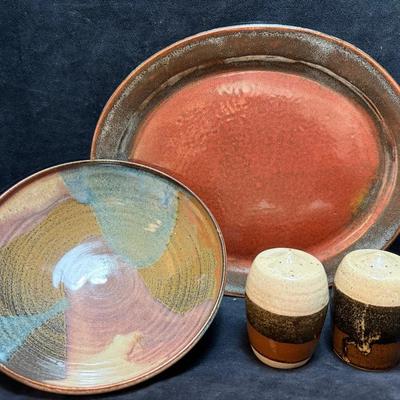Hand thrown ceramic platter bowl, & salt & pepper shakers