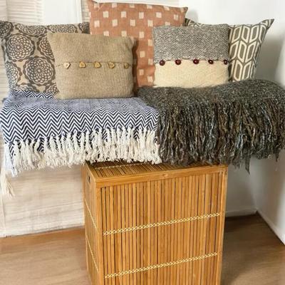 Bamboo laundry hamper throws, & decorative pillows