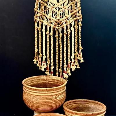 Macrame wall hanging hand thrown stoneware planters: bowl