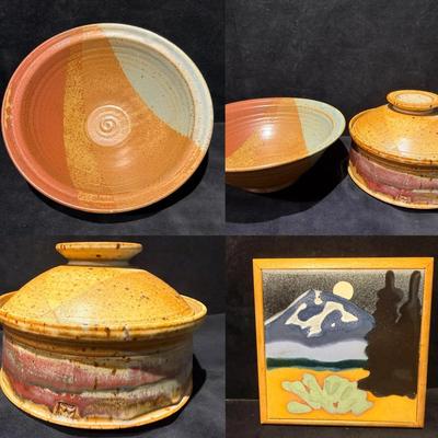 Hand thrown glazed stoneware bowl dutch oven & trivet