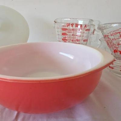 PYREX Flamingo Pink casserole dish with a lid And Measuring Cups