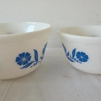 Vintage Hazel Atlas Blue Cornflower 7” And 8" Mixing Bowl White Milk Glass