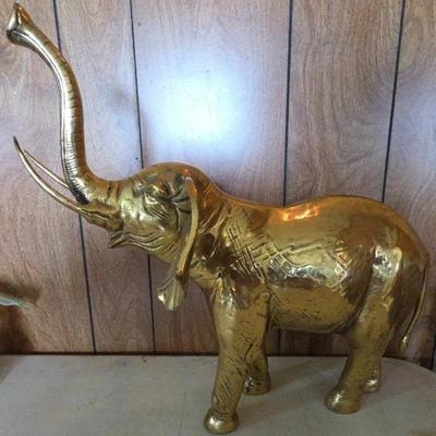 15" Tall vintage brass elephant statue with its trunk raised