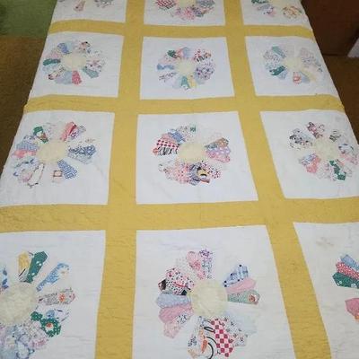 Handcrafted Vintage Dresden Quilt Yellow Approx 88"×76"