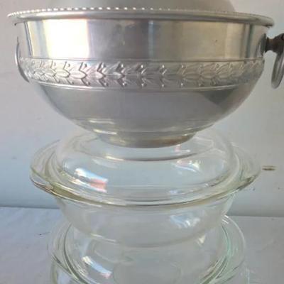PYREX Vintage Aluminum  Dish Holder Bowls Lids Pie Dish