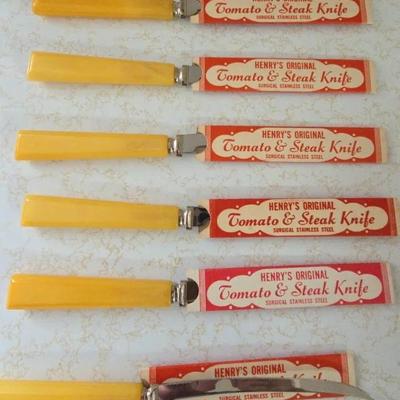 Vintage Henry's 6 Original Tomato & Steak Knives Bakelite Handles Set Of 6