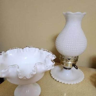 Fenton Glass Bowl & Milk Glass Table Lamp