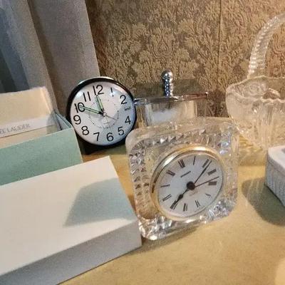 Collection Of Clocks, New Estee Lauder Body Powder & Glassware
