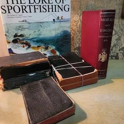 Vintage Bibles, Webster Dictionary, The Lore Of Sportfishing, Morals And Dogma