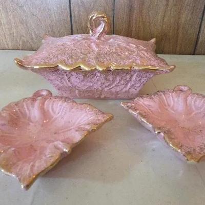 Gilner California Pottery console bowl and leaf dishes in pink with gold accents