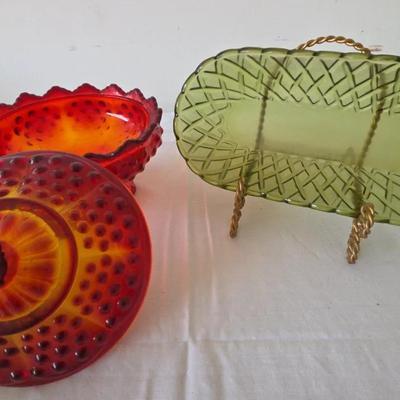 Fenton Hobnail Ruby Red Amberina Covered Candy Dish And Indiana Glass Green Relish