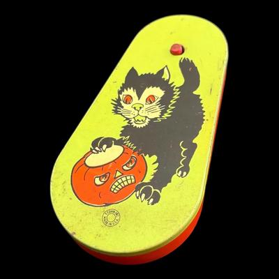 Vintage Halloween T. Cohn Black Cat & Pumpkin Tin Ratchet Noisemaker
