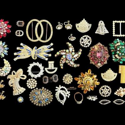 Antique, Vintage, And Contemporary Rhinestone Brooches, Buckles, & Earrings