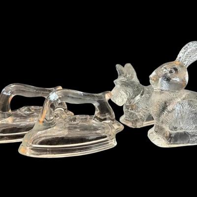 Vintage Glass Candy Containers; Bunny, Dog, and Irons