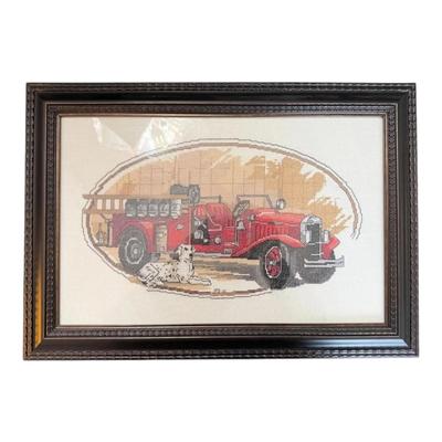 Framed Cross Stitched Firetruck and Dolmation Dog