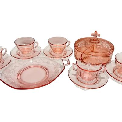 Pink Depression Glass Tea Set, Bowl, and Divided Dish