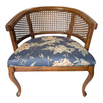 Vintage Cane Barrel Backed Blue Bird Floral Print Upholstered Wood Chair
