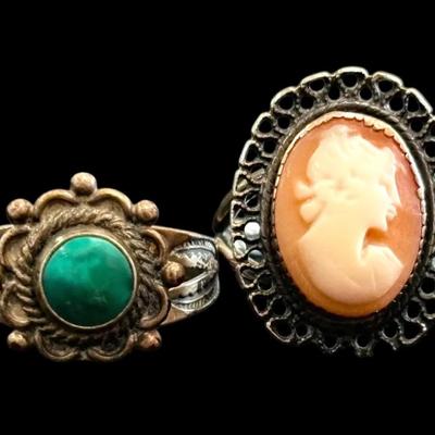 Sterling Silver Cameo & Southwestern Style Rings - Size 6 (7.37g)