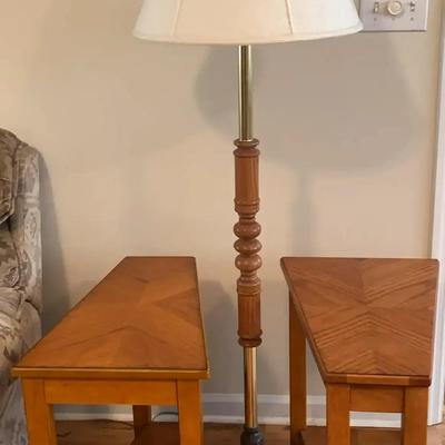 Wooden 3-Way Floor Lamp with Brass Base & Pair of Matching End Tables