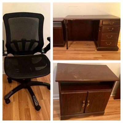 Dark Wood Desk, Rolling Cabinet & Office Chair