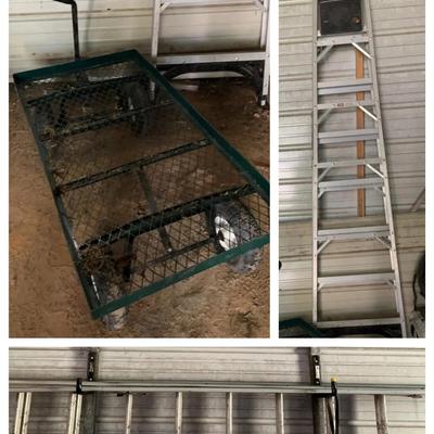 Two Aluminum Step Ladders & Utility Cart