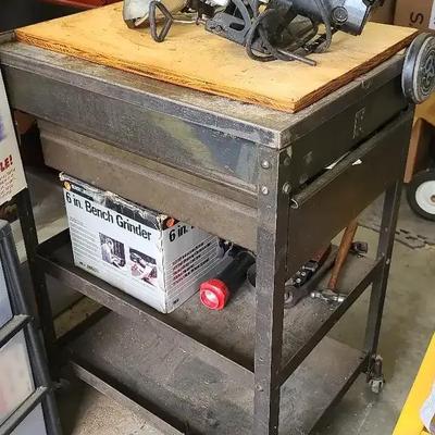 Heavy-Duty Metal Tool Bench With Tools Featuring Black & Decker Grinder