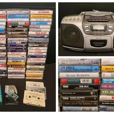 Cassette Tape Collection Featuring Willie Nelson, Elvis Presley & More with CD Player