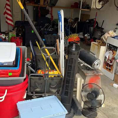 Maintenance Items Including Fans, Utility Cart, and Step Ladder