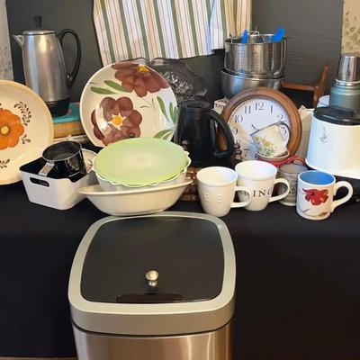 Large Variety of Kitchen Essentials Featuring Serving Bowls, Apron & Stainless Garbage Can