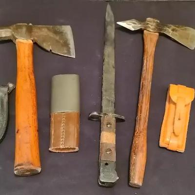 Collection of Axes, Knives & Bayonet – 4" to 16"W
