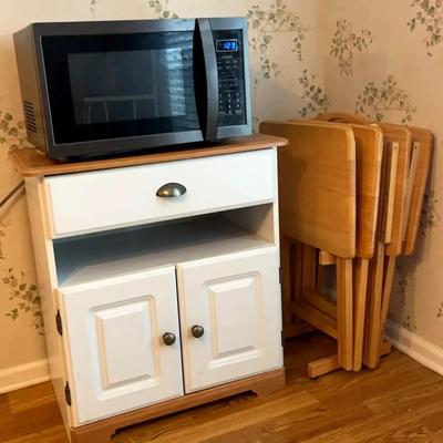 Sharp Microwave with Wooden Stand & Set of Four Tray Tables