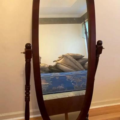 Dark Wood Cheval Mirror with Brass Look Accents