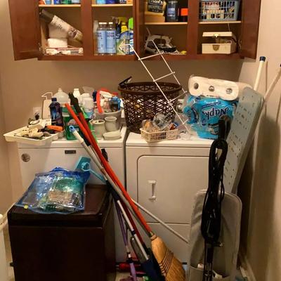 Household Cleaning Supplies Featuring Oreck Vacuum & Large Hamper