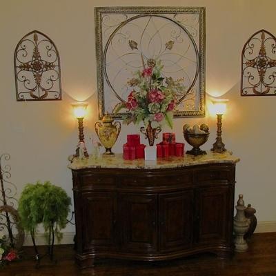 Sale Photo Thumbnail #65: Stunning console with a stone top and accented with gorgeous decor.