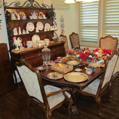Sale Photo Thumbnail #32: Elegant dining table by Universal Furniture with substantial 6 upholstered dining chairs and 3 leaves. Lovely open "baker's rack style" 2-piece hutch