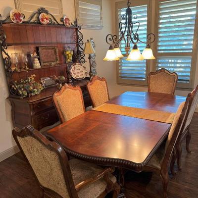 Sale Photo Thumbnail #33: Elegant dining table by Universal Furniture with substantial 6 upholstered dining chairs and 3 leaves. Lovely open "baker's rack style" 2-piece hutch