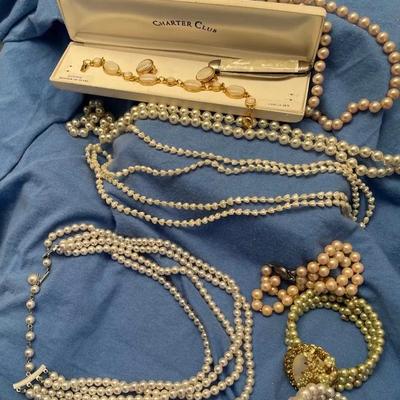 Mother Of Pearl And Faux Pearl Jewelry And Knife