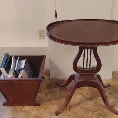 Wood Harp Detail Side Table And Wood Book Bin