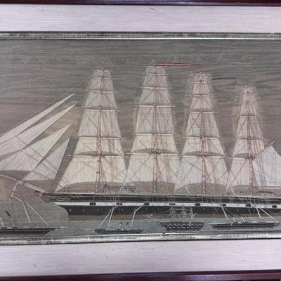 Tall ships framed fiber artwork embroidered