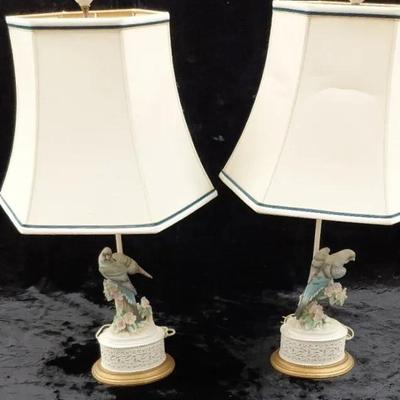 Bisque Porcelain Bird Lamps; Pair