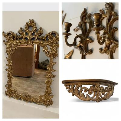 Resin framed mirror shelf and candlestick set