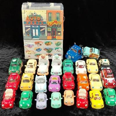 Chevron toy car collection and cardboard garage