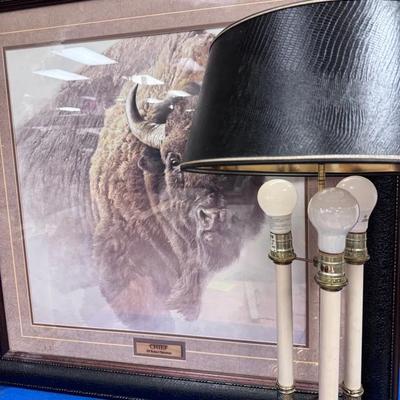 “The Chief” Bison Print with Brass Lamp
