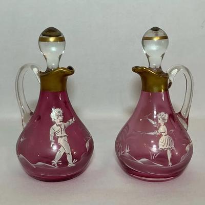 Vintage Mary Gregory Hand Painted Cranberry Glass Cruets