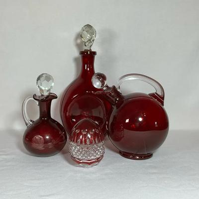 Vintage Bohemian Hand Etched Ruby Red Cruet & Egg & More  